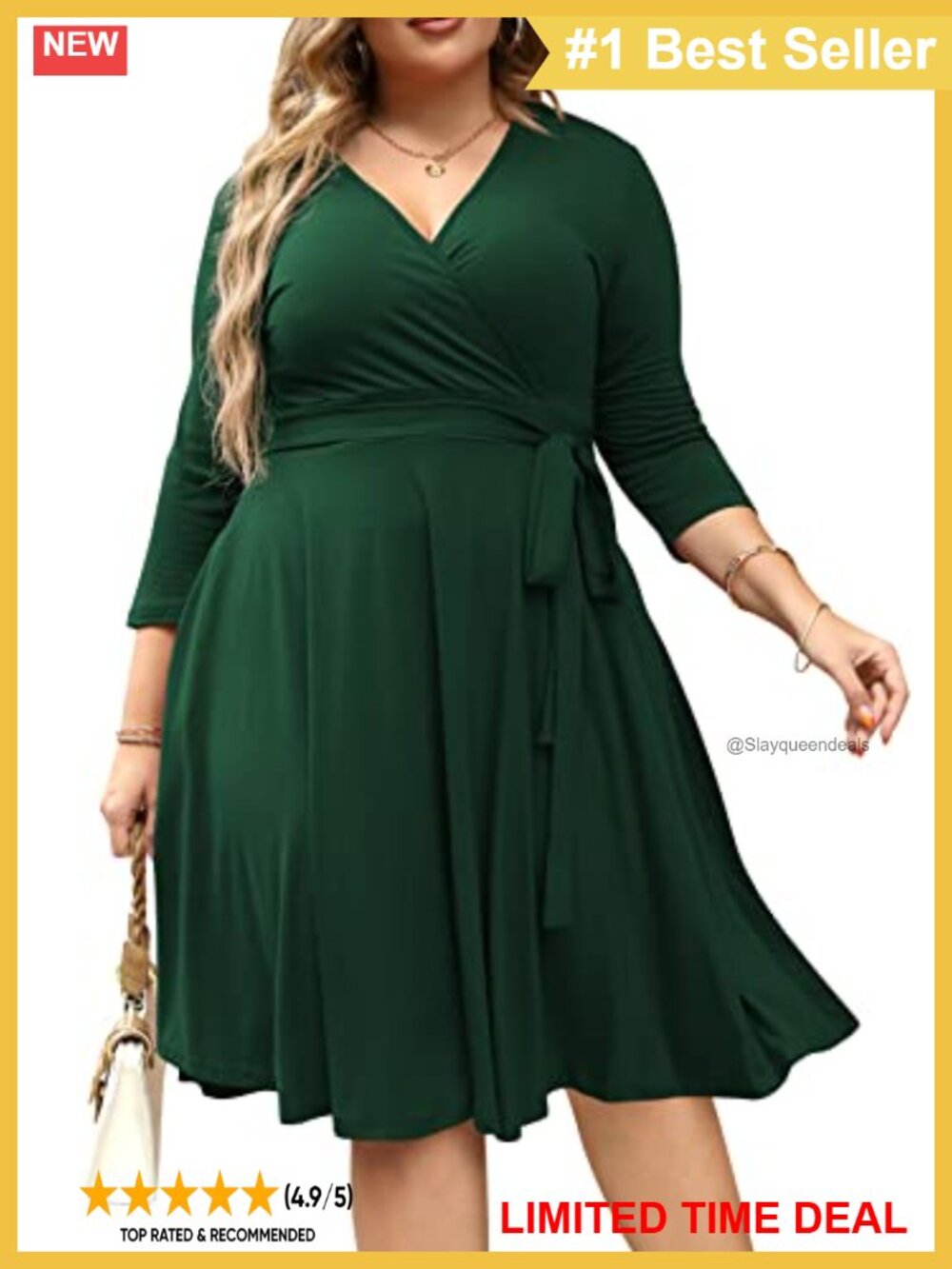 Plus Size Midi Dress V-Neck Ruffle 3/4 Sleeve Pockets Casual Work
